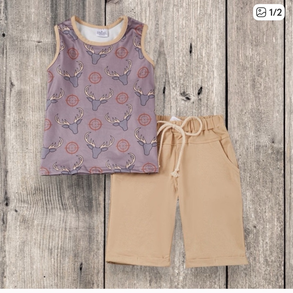 New Boutique Kids Deer Print Tank and Tan Shorts Set